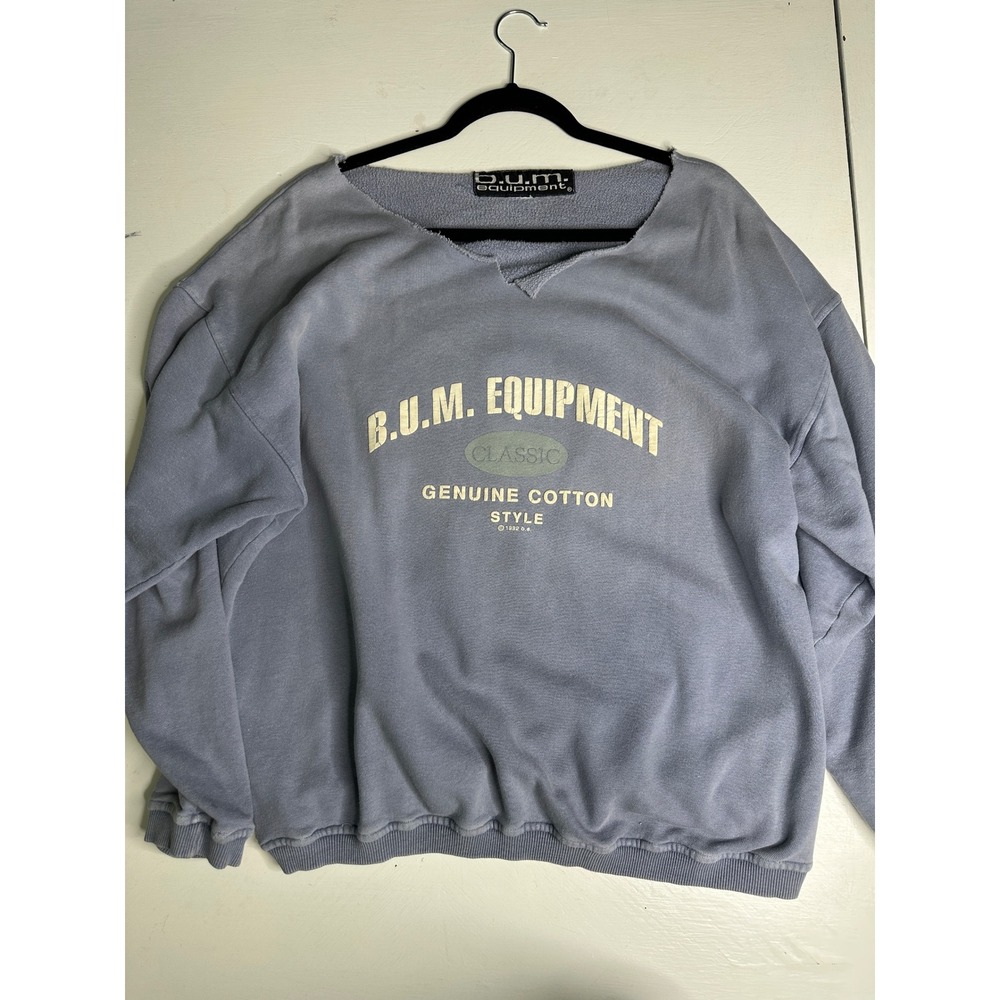 Vintage BUM Equipment Sweatshirt Blue Raw Edge V-Neck 90s Genuine Cotton Style